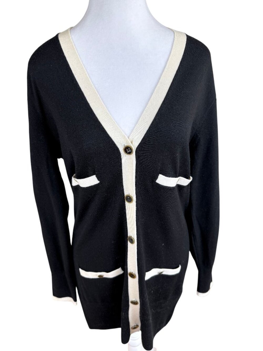 J. Crew Merino Wool Cardigan Sweater Long Line Black Cream Contrast Trim (S)